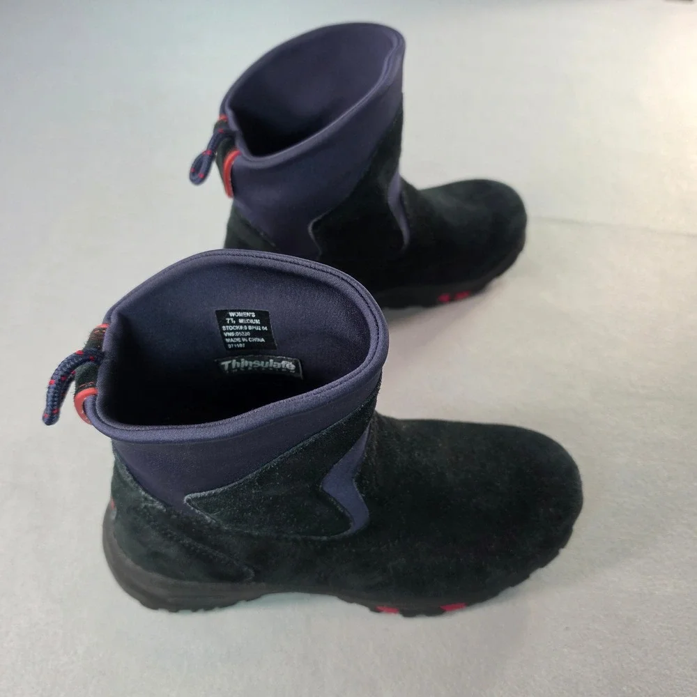 LL Bean Womens Black Suede Thinsulate Winter Boots Navy Neoprene 7.5 M 05330